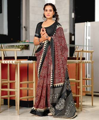 Maroon block print mulmul cotton saree with blouse. 1