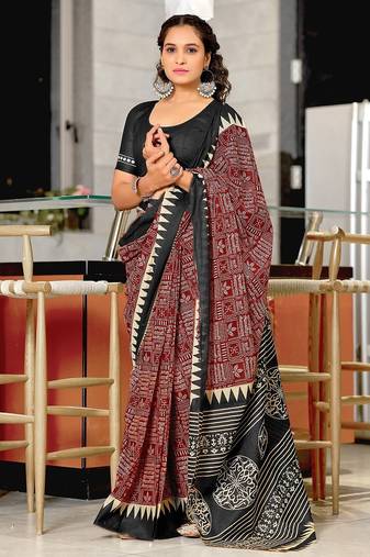 Maroon block print mulmul cotton saree with blouse.