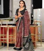Maroon block print mulmul cotton saree with blouse.