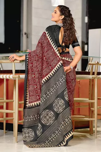 Maroon block print mulmul cotton saree with blouse.