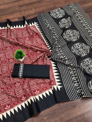 Maroon block print mulmul cotton saree with blouse. 5