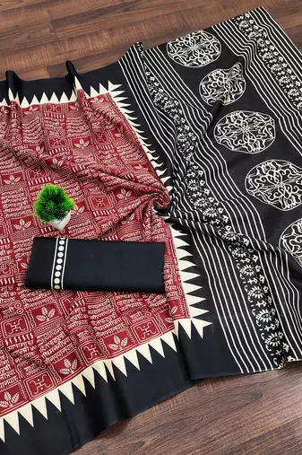 Maroon block print mulmul cotton saree with blouse.