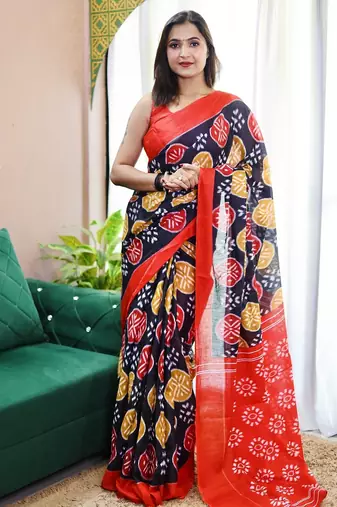 Black ikkat print mulmul cotton saree with blouse.