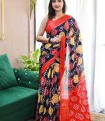 Black ikkat print mulmul cotton saree with blouse.