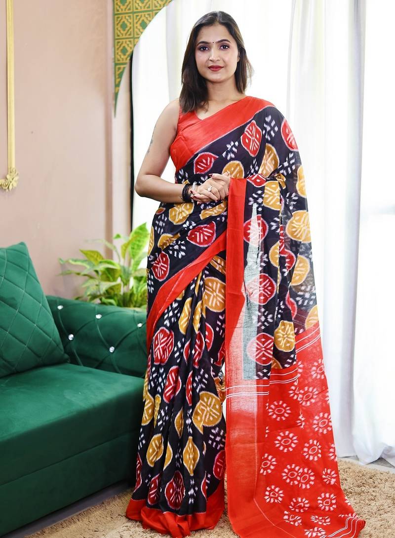 Black ikkat print mulmul cotton saree with blouse.