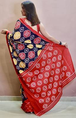 Black ikkat print mulmul cotton saree with blouse. 4