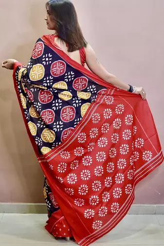 Black ikkat print mulmul cotton saree with blouse.