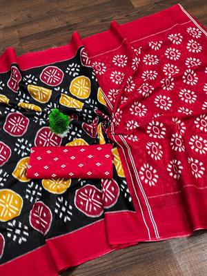 Black ikkat print mulmul cotton saree with blouse. 5