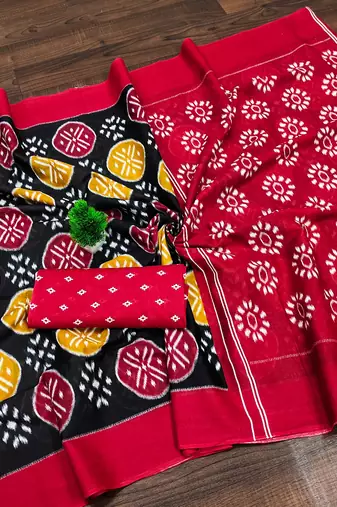 Black ikkat print mulmul cotton saree with blouse.