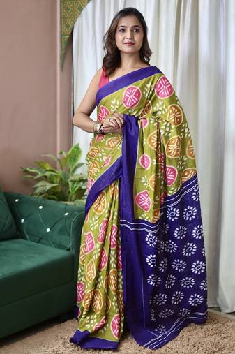 Mehendi ikkat print mulmul cotton saree with blouse.