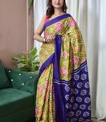 Mehendi ikkat print mulmul cotton saree with blouse.