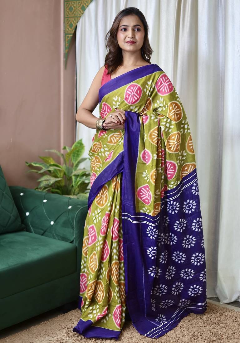 Mehendi ikkat print mulmul cotton saree with blouse.