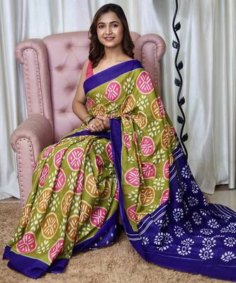 Mehendi ikkat print mulmul cotton saree with blouse. 3
