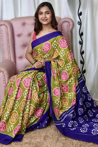 Mehendi ikkat print mulmul cotton saree with blouse.