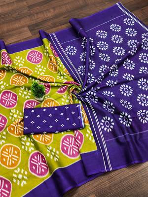 Mehendi ikkat print mulmul cotton saree with blouse. 5