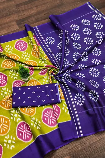 Mehendi ikkat print mulmul cotton saree with blouse.