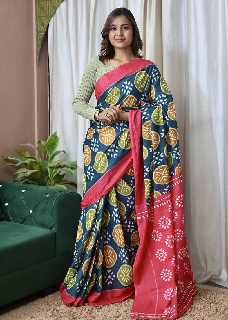 Teal blue ikkat print mulmul cotton saree with blouse.