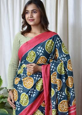 Teal blue ikkat print mulmul cotton saree with blouse. 2