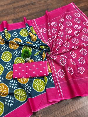 Teal blue ikkat print mulmul cotton saree with blouse. 5