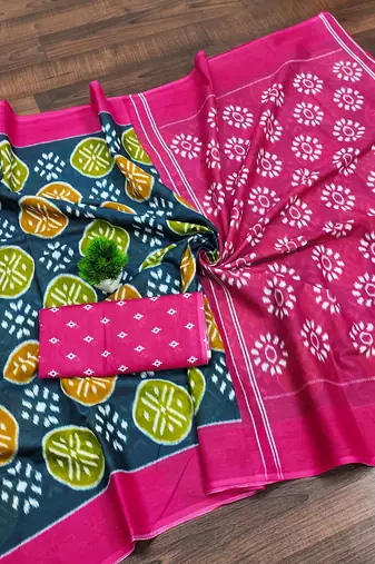 Teal blue ikkat print mulmul cotton saree with blouse.