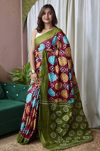 Wine ikkat print mulmul cotton saree with blouse.