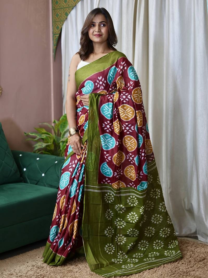 Wine ikkat print mulmul cotton saree with blouse.