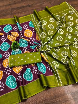 Wine ikkat print mulmul cotton saree with blouse. 5