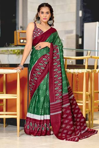 Dark green ikkat print mulmul cotton saree with blouse.