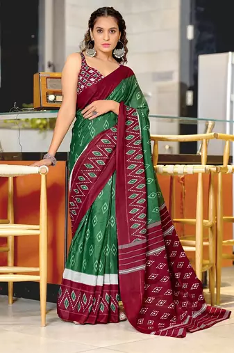 Dark green ikkat print mulmul cotton saree with blouse.