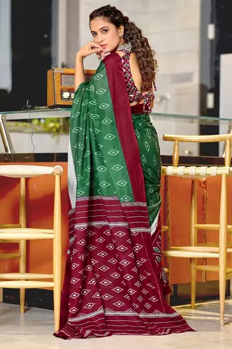 Dark green ikkat print mulmul cotton saree with blouse.