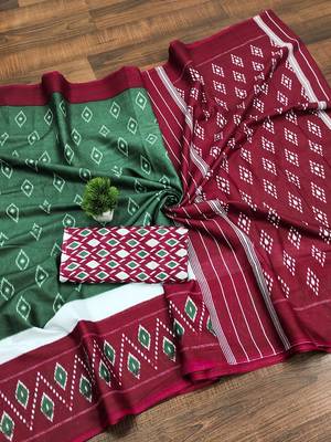 Dark green ikkat print mulmul cotton saree with blouse. 5