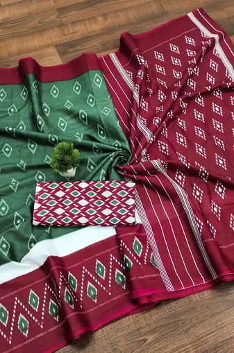 Dark green ikkat print mulmul cotton saree with blouse.