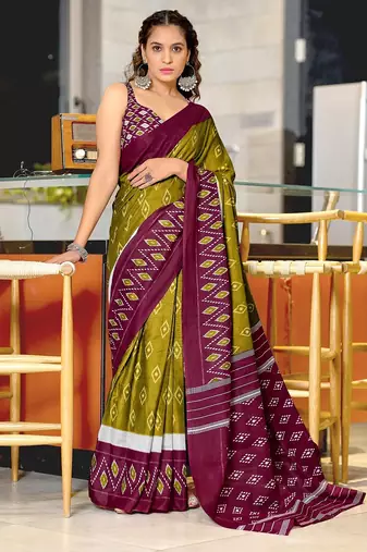 Mehendi ikkat print mulmul cotton saree with blouse.
