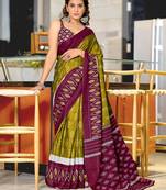 Mehendi ikkat print mulmul cotton saree with blouse.