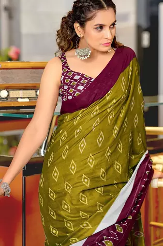 Mehendi ikkat print mulmul cotton saree with blouse.