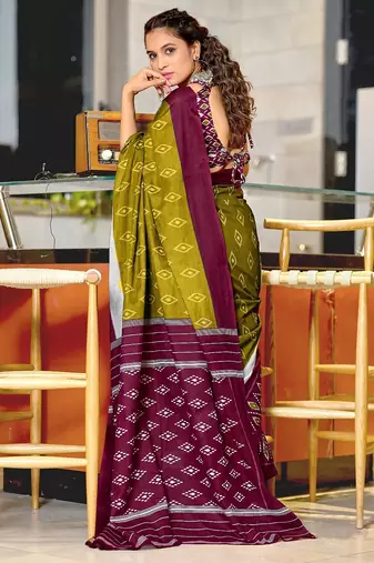 Mehendi ikkat print mulmul cotton saree with blouse.