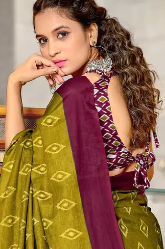 Mehendi ikkat print mulmul cotton saree with blouse.