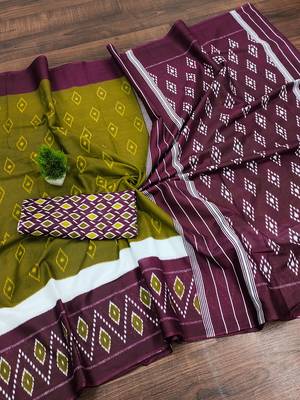 Mehendi ikkat print mulmul cotton saree with blouse. 5