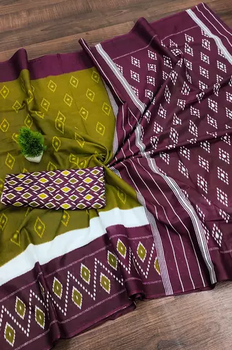 Mehendi ikkat print mulmul cotton saree with blouse.