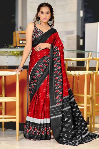 Red ikkat print mulmul cotton saree with blouse.