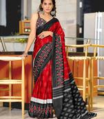 Red ikkat print mulmul cotton saree with blouse.