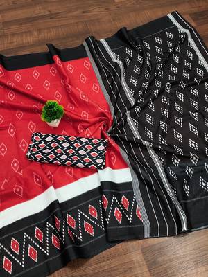 Red ikkat print mulmul cotton saree with blouse. 5