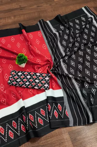 Red ikkat print mulmul cotton saree with blouse.