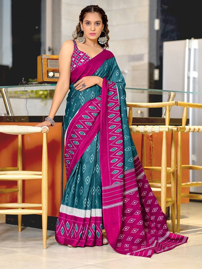 Teal blue ikkat print mulmul cotton saree with blouse.