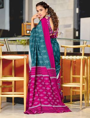 Teal blue ikkat print mulmul cotton saree with blouse. 4