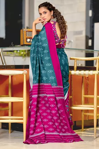 Teal blue ikkat print mulmul cotton saree with blouse.