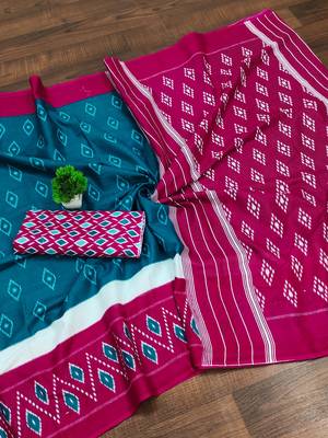 Teal blue ikkat print mulmul cotton saree with blouse. 5