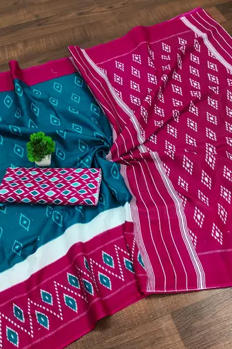 Teal blue ikkat print mulmul cotton saree with blouse.