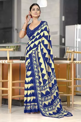 Blue zigzag, block print mulmul cotton saree with blouse.