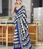 Blue zigzag, block print mulmul cotton saree with blouse.